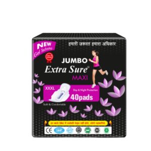 JUMBO Extra Sure Maxi Sanitary Pads – XXXL Size | 40 Pads | Day & Night Protection | Gel Technology | Ultra Soft & Comfortable | Made in India | Certified Hygiene