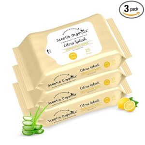 Sceptre Organics Citrus Splash Refreshing Wipes – Pack of 3 (25 Wipes Each) | Enriched with Aloe Vera & Lemon | Gentle & Natural | For Face & Hands | pH Balanced | Travel-Friendly