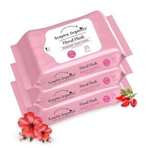 Sceptre Organics Floral Flush Radiant Skin Wipes – Pack of 3 (25 Wipes Each) | Enriched with Hibiscus & Rosehip | Gentle Daily Cleansing | For Radiant & Hydrated Skin