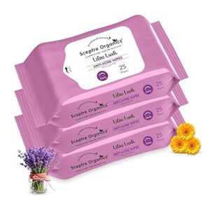 Sceptre Organics Lilac Lush Facial Wipes – Pack of 3 (25 Wipes Each) | With Lavender & Calendula | Refreshing & Hydrating | Removes Dirt, Oil & Makeup | Alcohol-Free | Travel-Friendly (75 Wipes)