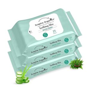 Sceptre Organics Soothing Aloe Detox Facial Wipes – Pack of 3 (25 Wipes Each) | With Aloe Vera & Neem | Hydrating & Detoxifying | Removes Dirt, Oil & Makeup | Alcohol-Free | Travel-Friendly (75 Wipes)