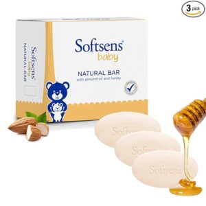Softsens Baby Natural Bar – Pack of 3 (100g Each) – Total 300g – With Almond Oil & Honey | TFM 78% Grade 1 Soap