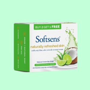 Softsens Natural Cream Bar Soap – Naturally Refreshed Skin | Pack of 3 (100g Each) | With Lime, Aloe Vera & Coconut Cream | Grade 1 TFM 76% | Buy 2 Get 1 Free