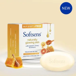 Softsens Natural Cream Bar Soap – Naturally Glowing Skin | Pack of 3 (100g Each) | With Vitamin C, Honey & Turmeric | TFM 76% Grade 1 | Buy 2 Get 1 Free