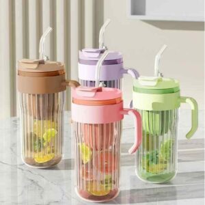 Stripe Glass Coffee Cup with Lid & Straw | 550ml Leakproof Tumbler for Juice, Milk, Tea – 2-in-1 Sip & Flip Lid (Multicolor, Set of 1)