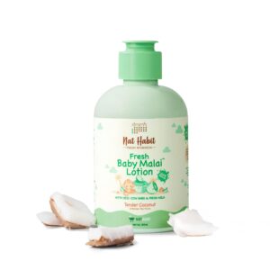 Nat Habit Baby Malai Lotion |Tender Coconut| Baby Body Lotion for Intense Nurture, Moisturizer for Deep Nourishment & Skin Barrier Protection | 100% Natural, Chemical-Free Baby Cream | 200ml